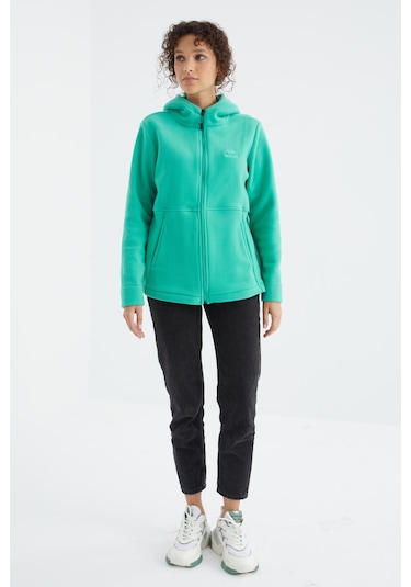 Tommy Life Deniz Yeşili Kapüşonlu Fermuarlı Rahat Form Kadın Polar Sweatshirt - 97233 Yeşil