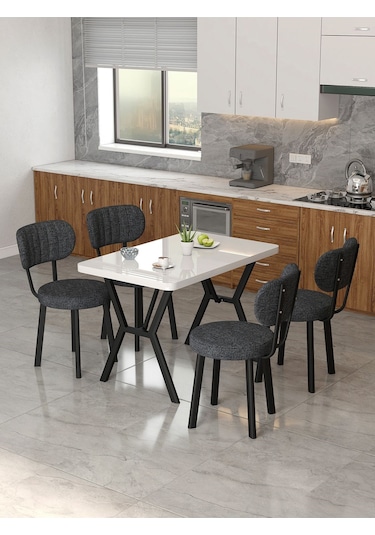 Azra 70x110cm Beyaz Mutfak Masası, Mutfak Masası Takımı, Yemek Masası, 4 Antrasit Sandalye Antrasit