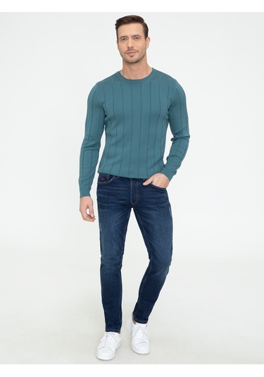 Cacharel Sax Slim Fit Bisiklet Yaka Triko Kazak Mavi