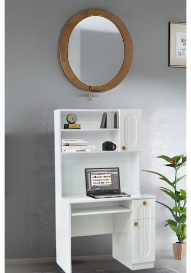 Lidya Çalışma Masası Beyaz Raflı Kapaklı Bilgisayar Masası 90x60x165 cm
