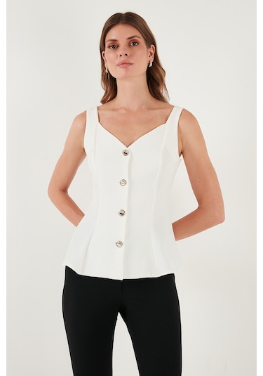 Lela Fitted Fit V Yaka Düğmeli Bayan Yelek 611Fyl145 Ekru