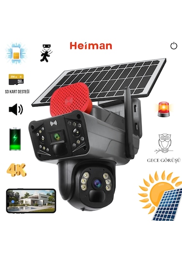 Heiman Hm-854 Sim Kartlı 4G 2 Kameralı Solar Panelli Kamera