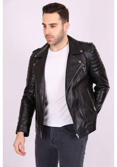 Erkek Siyah Hakiki Deri Yakalı Asimetrik Fermuarlı Spor Mont