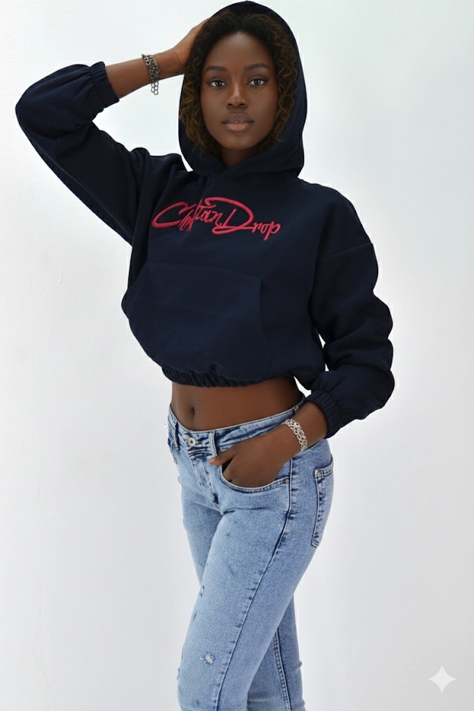 Kadın Neon Christian Drop Yazılı Kapüşonlu Crop Kesim Lacivert Sweatshirt Nakış İşlemeli Lacivert