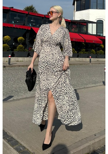 Madmext Beyaz Desenli Yırtmaç Detaylı Uzun Elbise Mg2321 Beyaz