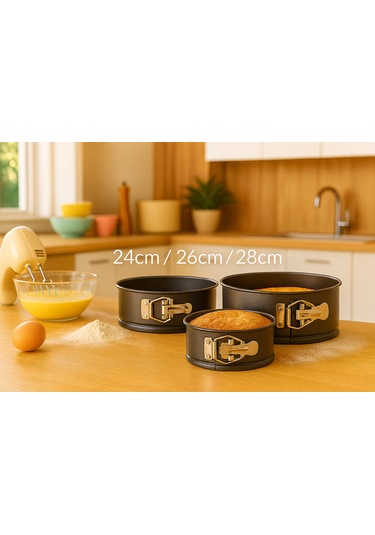 3 Lü Metal Kelepçeli Kek Kalıbı Seti 24-26-28 Cm Yapışmaz Çıkartılabilir Tabanlı Sİyah