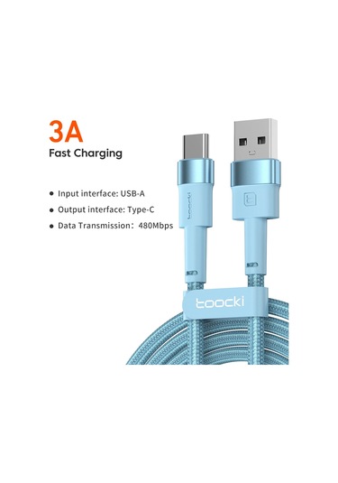 Toocki 3a Usb Tip C Kablo Hızlı Şarj Kablosu Usb-c Şarj Veri Kablosu Xiaomi Blue 1m 1m
