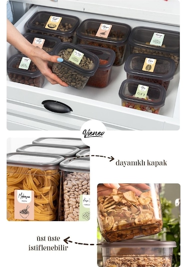 Vienev Renkli Etiketli 12li Peggy Dikdörtgen Baharatlık Seti 800 Ml Antrasit Şeffaf