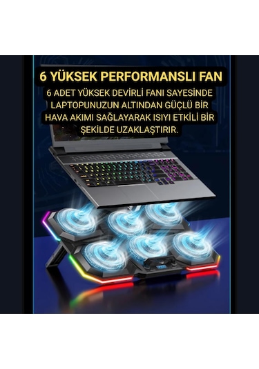 Coofbe 6 Fanlı 12 Rgb Işık Modlu Kademe Standlı Lcd Göstergeli Notebook Soğutucu Laptop Standı Soğutucu