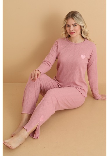Mr-8601 Pointel Kumaş Mevsimlik Günlük Kalpli Kadın Pijama Takımı Pudra