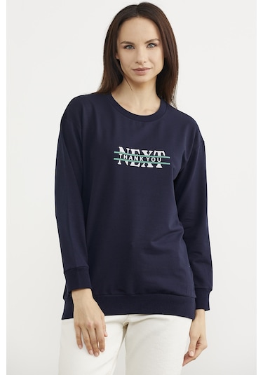 Sıfır Yaka Oversize Sweatshirt - Lacivert Ekru