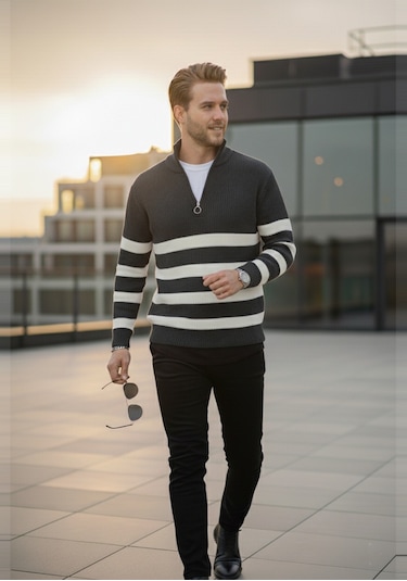 Deepsea Erkek Füme Yarım Fermuarlı Oversize Kesim Triko Kazak Pamuklu Yumuşak Örgü Çizgili Kazak 2608513 Füme Deepsea Erkek Füme Yarım Fermuarlı Oversize Kesim Triko Kazak Pamuklu Yumuşak Örgü Çizgili Kazak 2608513 Füme