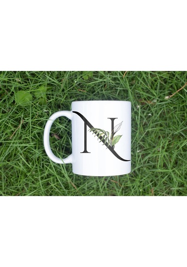 N Harf Zarif Yaprak Desenli Kupa Bardak - Naturel Sade Alfabe Harfli Bardak - Kişiye Özel Hediye Beyaz