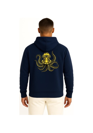 Bahriyeli Collection Kapüşonlu Steampunk Octopus Dalgıç Başlığı Cep Ve Sırt Baskılı Unisex Sweatshirt Lacivert