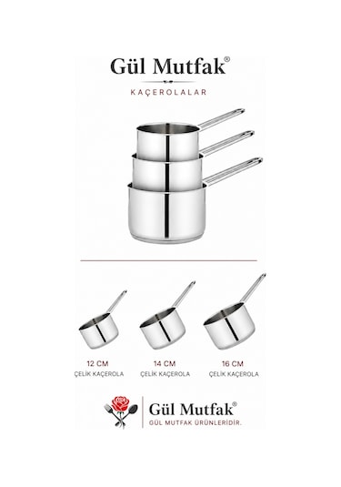 3 Lü Paslanmaz Çelik Kaçerola Sosluk Sütlük Seti Tabanlı 12 - 14 - 16 Cm