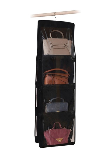 Qingmipy Siyah Duvar Takılı Çanta Organizerı - 4 Katlı 8 Cep İçerikli, Dönüştürülebilir Kanca, Transparan Pvc, Gardırop Çekmecesi, Ev Kullanıma Uygun Siyah