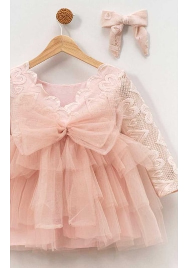 Kız Çocuk Güpür Tül Tütülü Doğum Günü Hediye Kına Prenses Elbise KREM