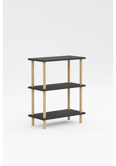 Dekoratif 3 Raflı Ahşap Ayaklı Kitaplık Yan Sehpa Antrasit Gri