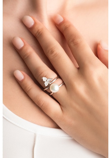 İnci Yaprağı 18 Ayar Beyaz Altın Kaplama Gümüş İkili Yüzük Beyaz