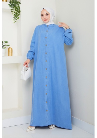 Ziyer Boydan Düğmeli Kot Elbise 1498 - Mavi Mavi