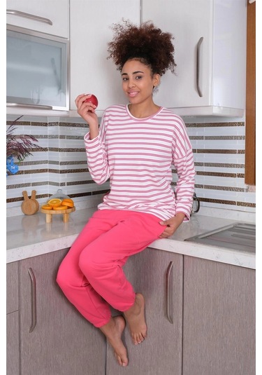 Giyim Kadın Uzun Kol 3 İplik Penye Pijama Takım Beyaz Beyaz