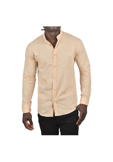 Deepsea Erkek Bej Hakim Yaka Flamlı Keten Gömlek Bej