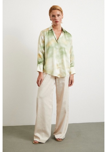 Ebruli Desen Saten Gömlek Yeşil Yeşil