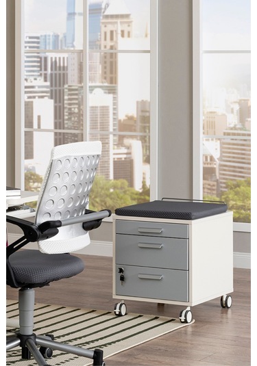 Creo Mobili Çekmeceli Kilitli Tekerlekli Vega Keson, Oturulabilir Ofis Ve Ev Komodini, Ekru/antrasit