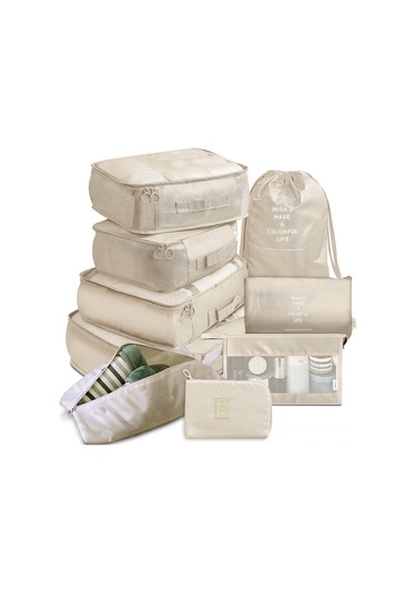 Monyee 9 Parça Polyester Organizer Seti: Seyahat & Ev İçin Kıyafet, Ayakkabı, Kozmetik Ve Elektronik Depolama Çantaları - Bej