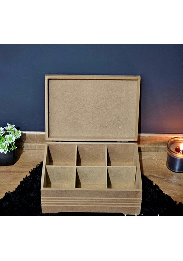 Ahşap 6 Bölmeli Orta Boy Takı Saat Aksesuar Kutusu Fitilli Model