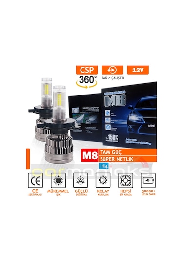 Led 360 M8 H4 Full Power Csp 360° Led Xenon Far Ampul %100 Canbus