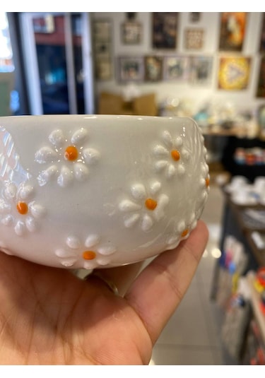 Seramik El Yapımı Fincan Takımı 2'li Set Papatya Desenli, Tabaklı Beyaz - Sarı