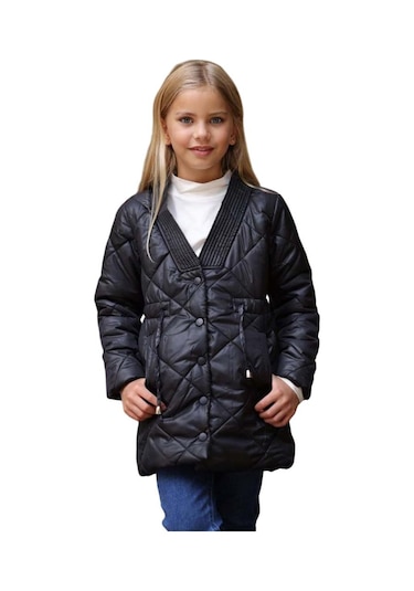 Riccotarz Kız Çocuk Yakası Şerit Ve Üzeri Kare Dikiş Detaylı Cepli Çıtçıt Düğme Şişme Siyah Mont Siyah