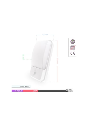 ACK 20W Sensörlü İç ve Dış Mekan LED Duvar Apliği 6500K Beyaz