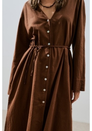 Dokulu Düğmeli Uzun Tunik Kahverengi Kahverengi
