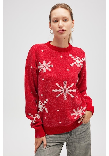 Peraluna Snowflake Kartanesi Desenli Unisex Yılbaşı Kazağı - Kırmızı Kırmızı