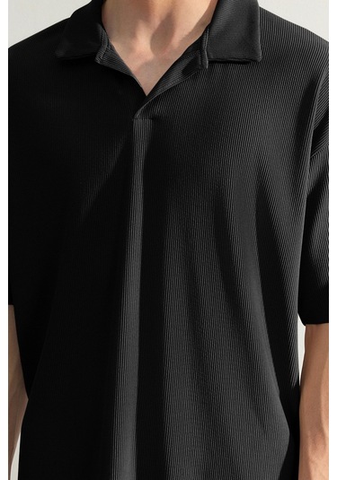 Siyah, Oversize/geniş Kesim, Dokulu Kırışmaz, Ottoman Polo Yaka T-shirt Ve Eşofman Takım Siyah