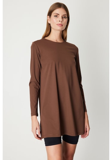On Kadın Uzun Kollu Basic Tunik 61421 Kahverengi Kahverengi