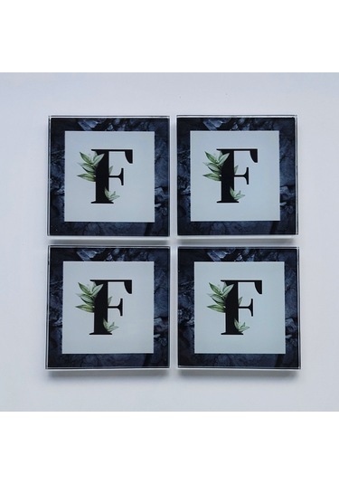 ﻿ Decorita Cam Bardak Altlığı F Harfli Tasarım 4'lü Takım 10 x 10 CM Beyaz - Siyah