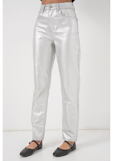 Kadın Yüksek Bel Parlak Pantolon 6738 - Gümüş Gümüş