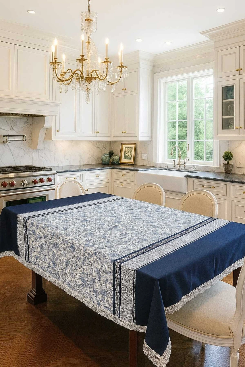 Lüks Mavi Beyaz Çiçek Desenli Masa Örtüsü Dantel Detaylı Şık Ev Dekoratif Sofra Örtüsü Lacivert