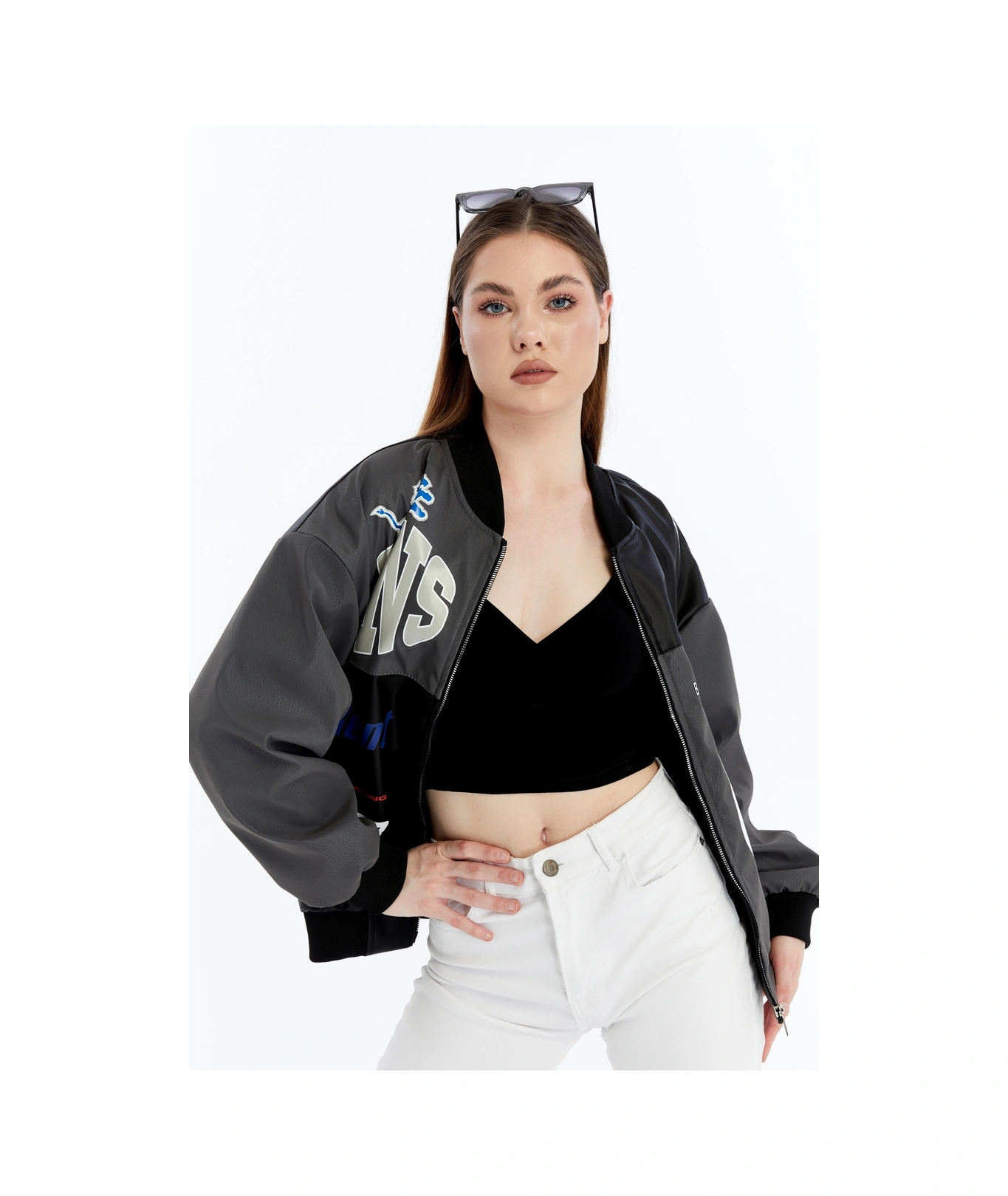 Kadın Oversize Baskılı Deri Motorcu Montu Fermuarlı Yarışçı Ceket Astarlı Bomber Kolej Mont Antrasit