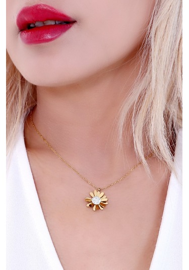 Kadın Altın Kaplama Papatya Çelik Kolye Gold Renk Altın