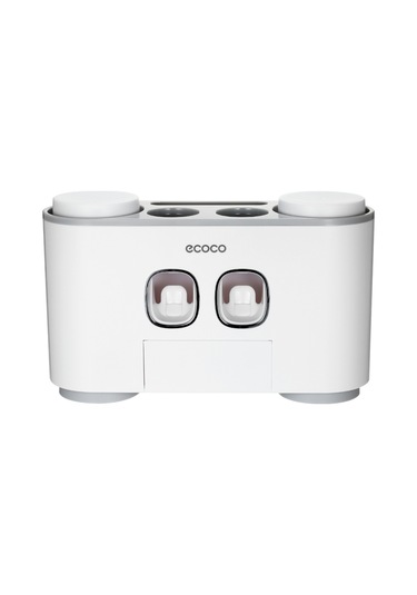 Shineyee Duvarlı Diş Fırçası Tutucu Seti - Otomatik Macun Dağıtıcı, 5 Fırça Yuva, 4 Bardak, Sıvılastırıcı Olmadan Kurulum, Gri Renk Beyaz