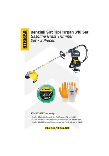 Rtrmax RTM9638 Benzinli Sırt Tipi Tırpan + Tırpan Bıçağı + Misina Başlığı Set