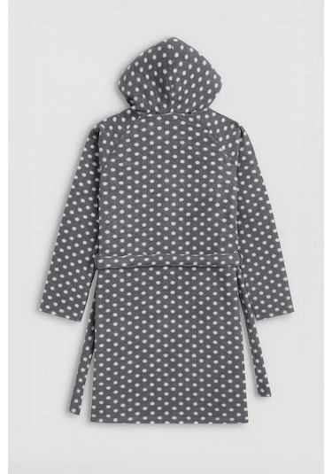 Kadın Kapüşonlu Puantiyeli Polar Sabahlık Gri