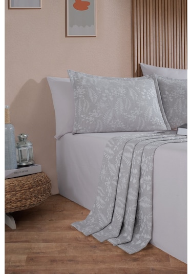 Elart Mokka Keten Görünümlü Yatak Örtüsü Pike Seti 3 Parça Çift Kişilik Gri