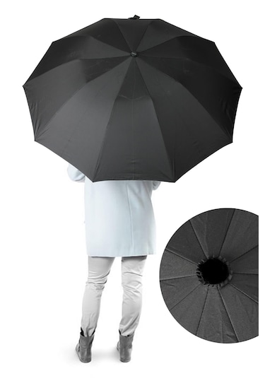 Ahşap Sap 110 Cm Elegant Otomatik Çelik 10 Telli Siyah Şemsiye Rüzgar Korumalı Ponçi Kumaş Siyah