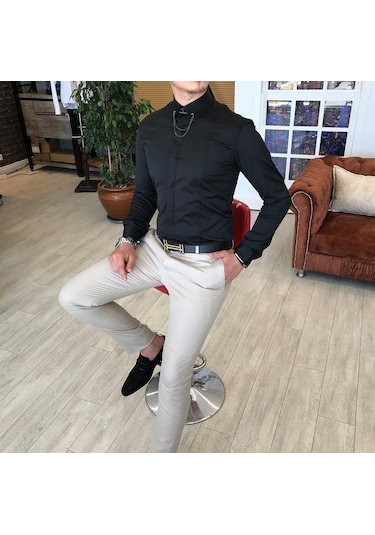 Italyan Kesim Slim Fit Erkek Saten Siyah Zincirli Gömlek T4090