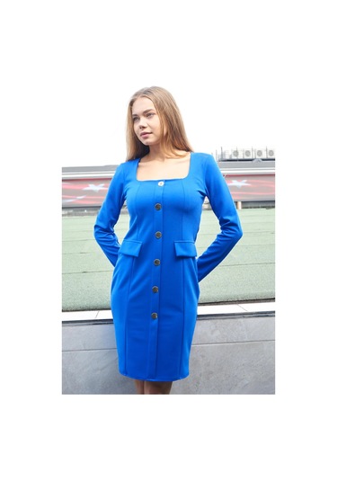 Kadın Likralı Krep Kumaş Kare Yaka Uzun Kol Önü Düğmeli Ofis Ceket Elbise-sax Sax